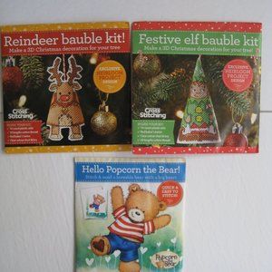 3 World of Cross Stitching UK Kits Reindeer Bauble, Festive Elf, Popcorn Bear